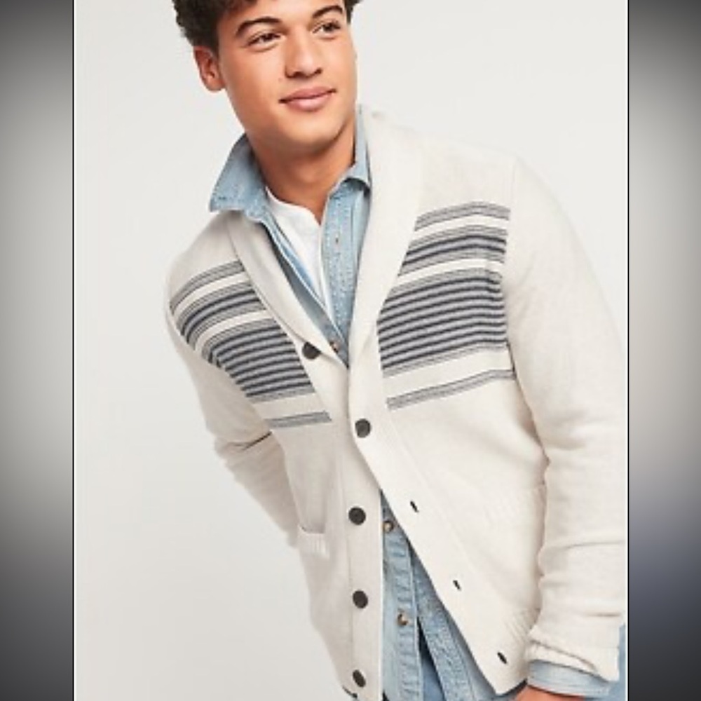 Men's Cream Blue CardiganStripes Textured-Stripe Shawl-Collar Button-Front NWT